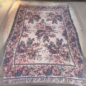 Wamsutta floral Tapestry Throw Blanket Cotton Fringe Approx  47” X 65” Pink Blue